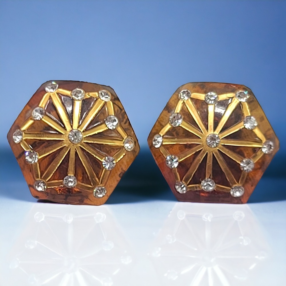 Vintage 1930s Tortoise Lucite Hexagon Earrings Rhinestone Gold Painted Clip-On